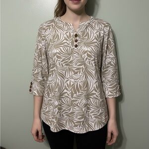 Appleseed’s Leaf Print Beige Women's Top 100% cotton 3/4 sleeves size L